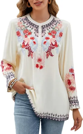 Womens Fall Fashion Long Sleeve Mexican Shirts Embroidered Tops Peasant Blouses Boho Clothes for WomenTrendy