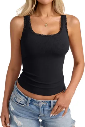 Womens Lace Trim Ribbed Tank Tops Scoop Neck Fitted Sleeveless Shirts Cute Going Out Camisole Solid Color and Striped