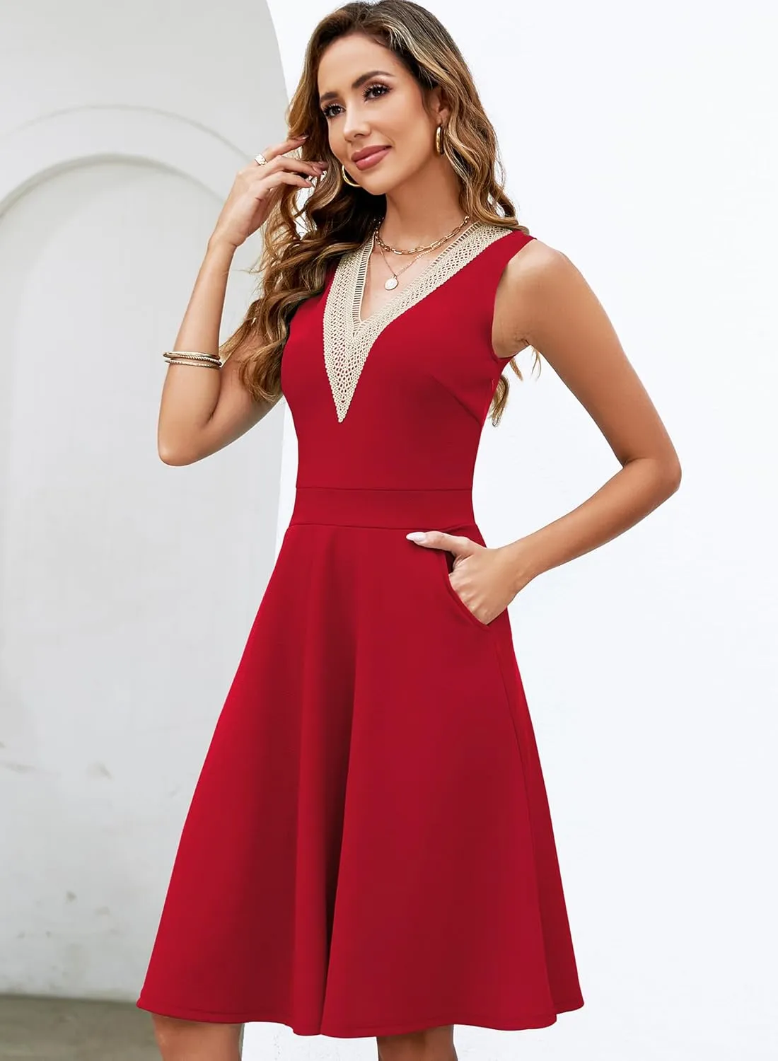 Womens Summer Lace Trim V-Neck Sleeveless Fit and Flare Tank Dresses with Pockets