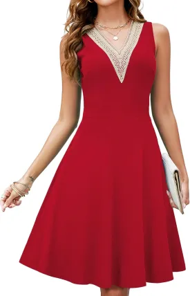 Womens Summer Lace Trim V-Neck Sleeveless Fit and Flare Tank Dresses with Pockets