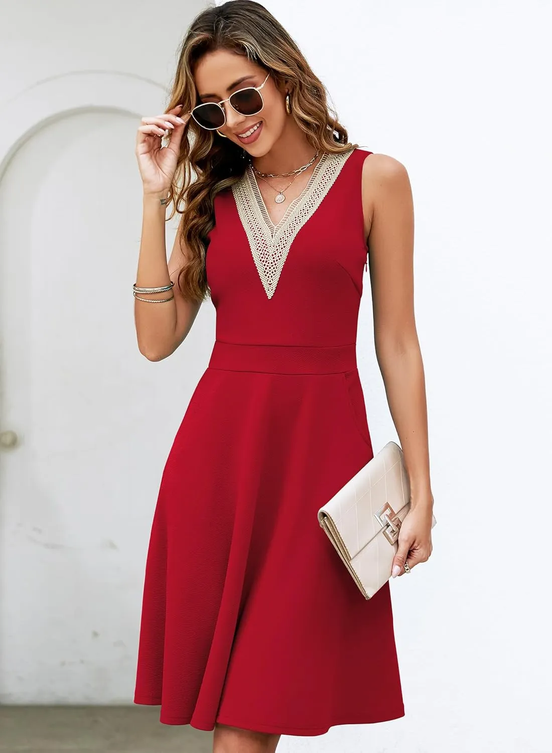 Womens Summer Lace Trim V-Neck Sleeveless Fit and Flare Tank Dresses with Pockets