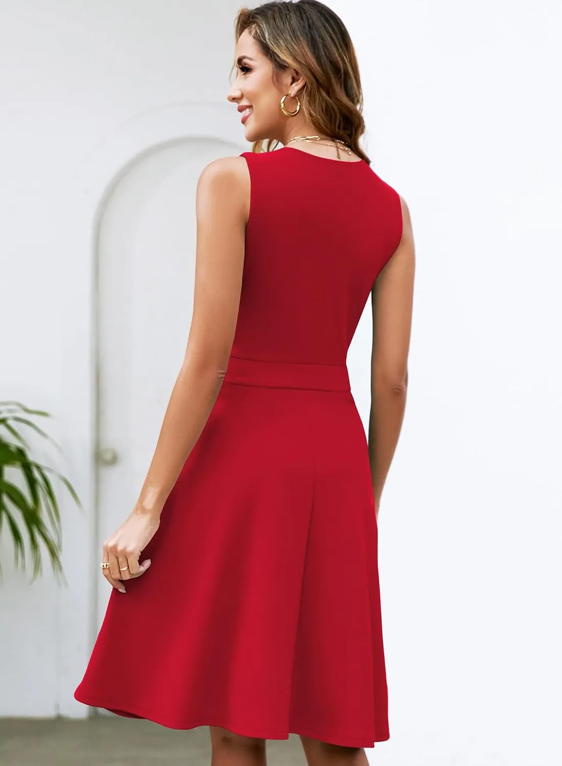 Womens Summer Lace Trim V-Neck Sleeveless Fit and Flare Tank Dresses with Pockets