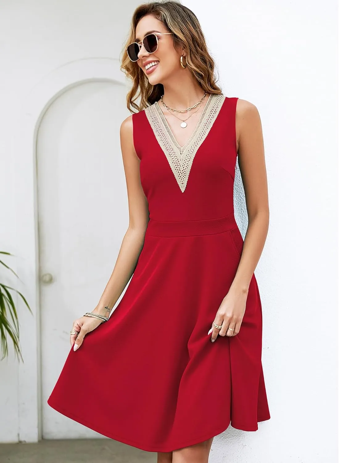 Womens Summer Lace Trim V-Neck Sleeveless Fit and Flare Tank Dresses with Pockets
