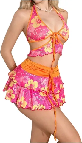 Women's Y2k 2 Piece Floral Halter Crop Top and Ruffle Mini Skirt Set Beach Vacation Outfits