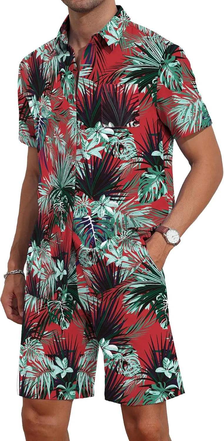 YTD Mens Flower Hawaiian 2 Piece Outfit Sets Short Sleeve Beach Casual Button Down Shirt and Shorts Suits