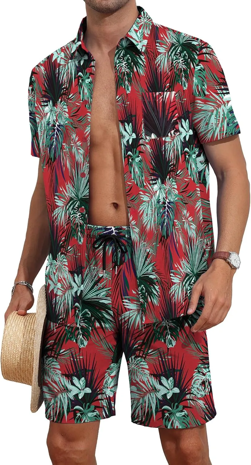 YTD Mens Flower Hawaiian 2 Piece Outfit Sets Short Sleeve Beach Casual Button Down Shirt and Shorts Suits