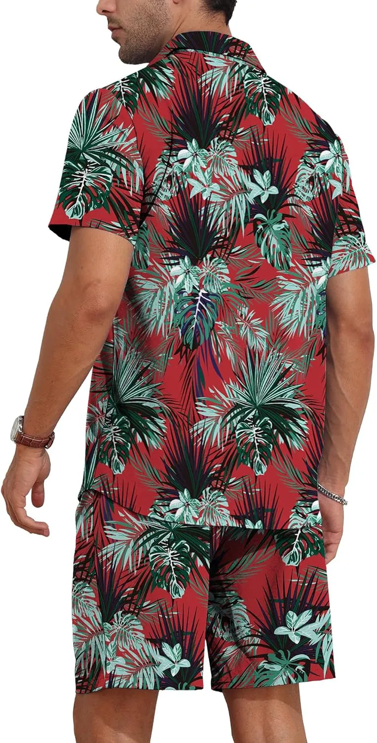 YTD Mens Flower Hawaiian 2 Piece Outfit Sets Short Sleeve Beach Casual Button Down Shirt and Shorts Suits