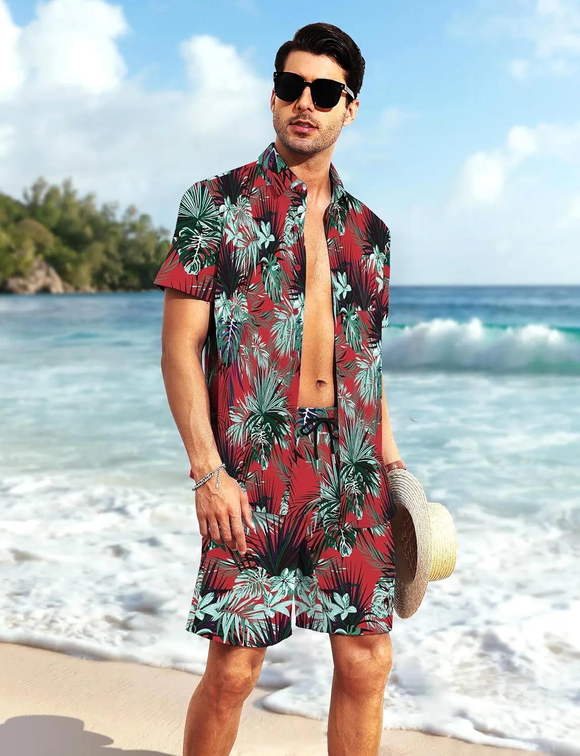 YTD Mens Flower Hawaiian 2 Piece Outfit Sets Short Sleeve Beach Casual Button Down Shirt and Shorts Suits