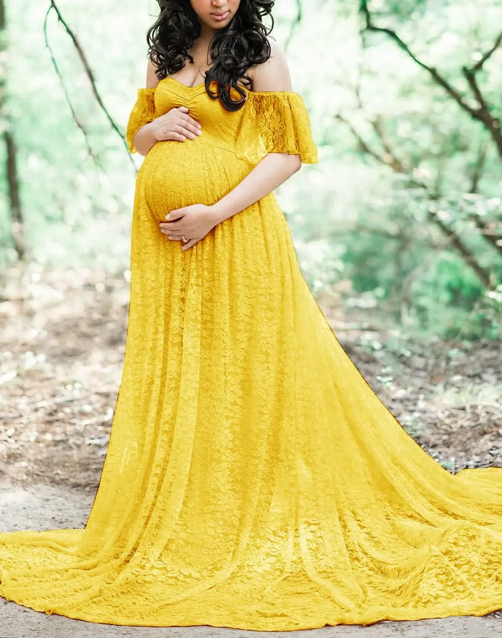 ZIUMUDY Photography Maternity Dress Off Shoulder Lace Baby Shower Pregnant Wedding Dress